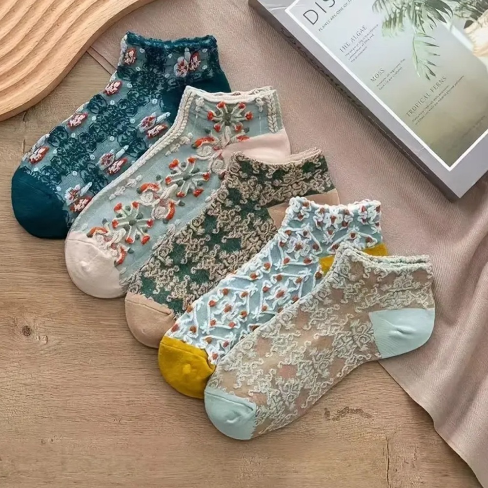 Women Blue Green Embroidered Floral Lightweight Soft Ankle Socks Hosiery 5 Pairs